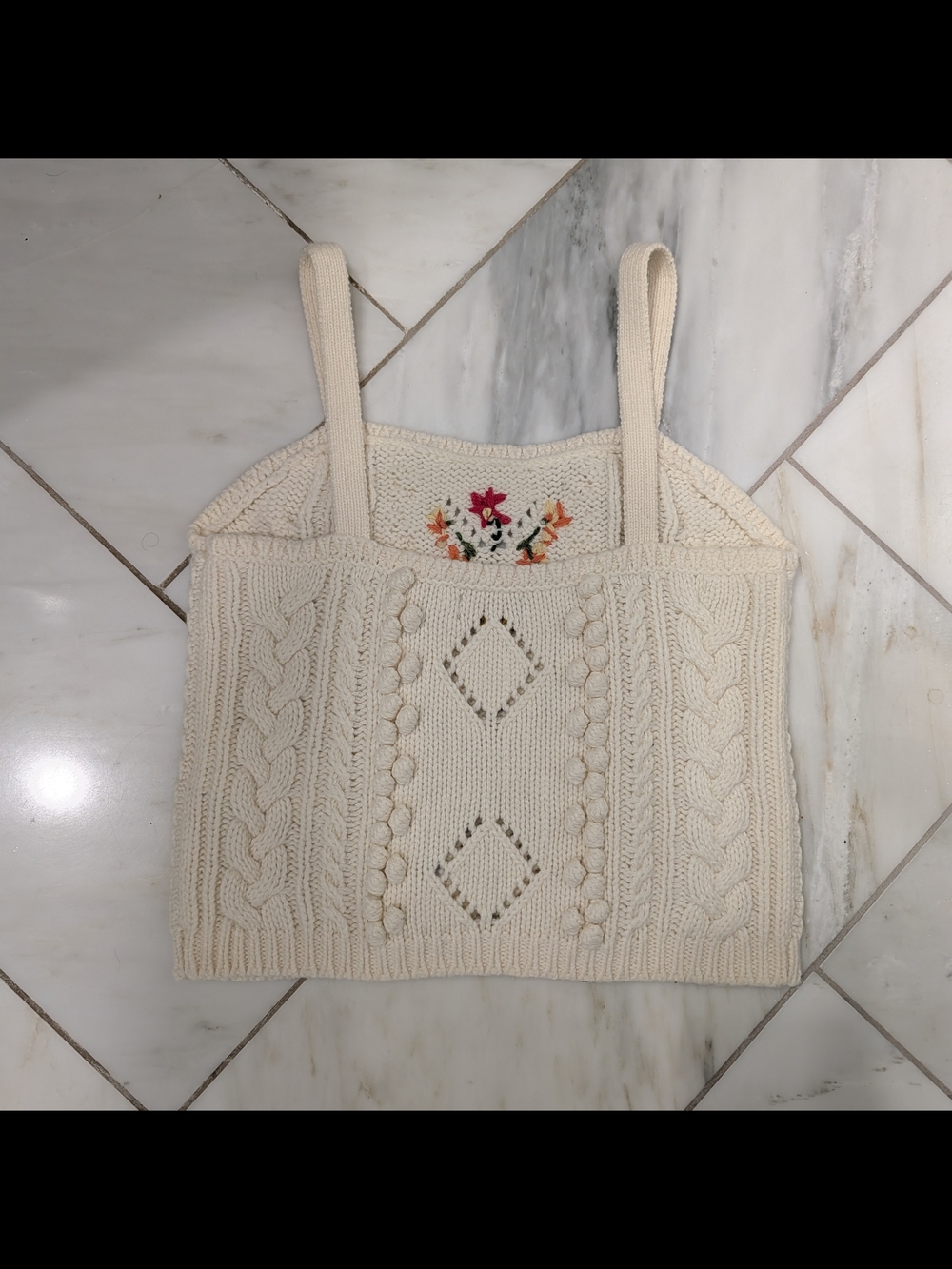 Polo by Ralph Lauren Cream Wool Blend Cable Knit Floral Embroidered Sweater Tank - Picture 5 of 7